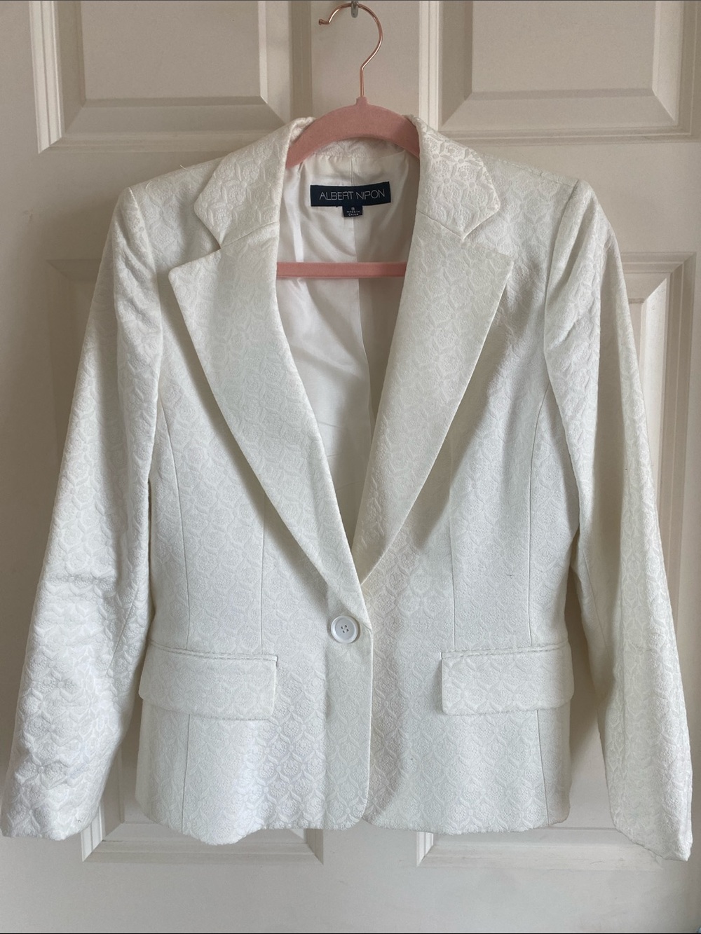 Albert Nipon White Cotton Brocade One Button jacket Size 8